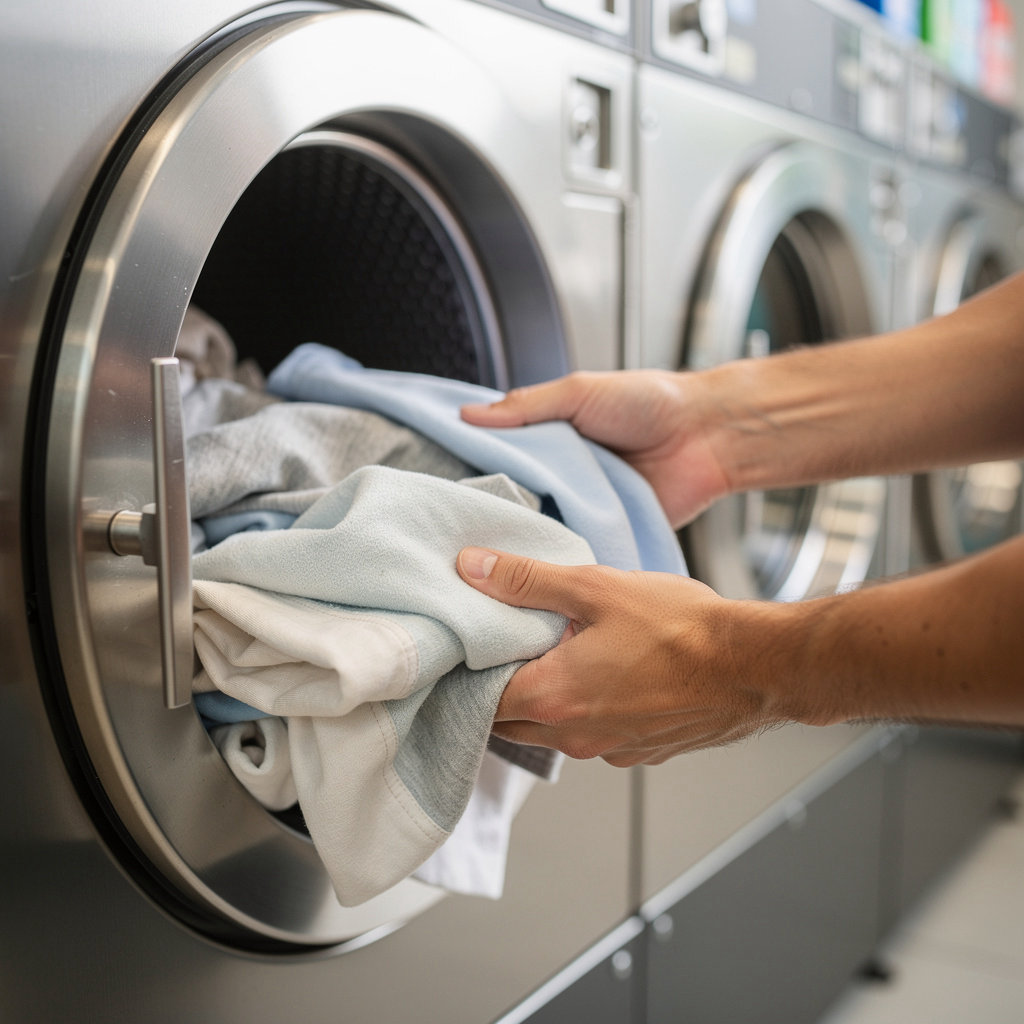 Modern self-service washing machines at Johnnie & Ivy's Wash House laundromat in San Diego
